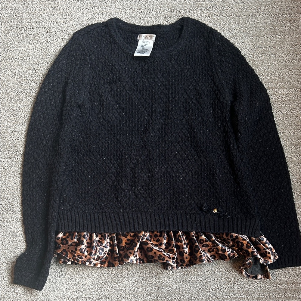 Girls Max Studio Black Sweater with Leopard Print Trim